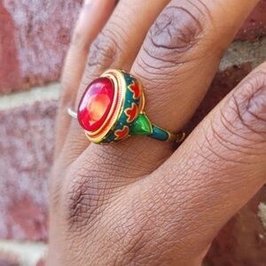 Anthropologie Ethnic Vintage Red Cabochon Enamel Ring